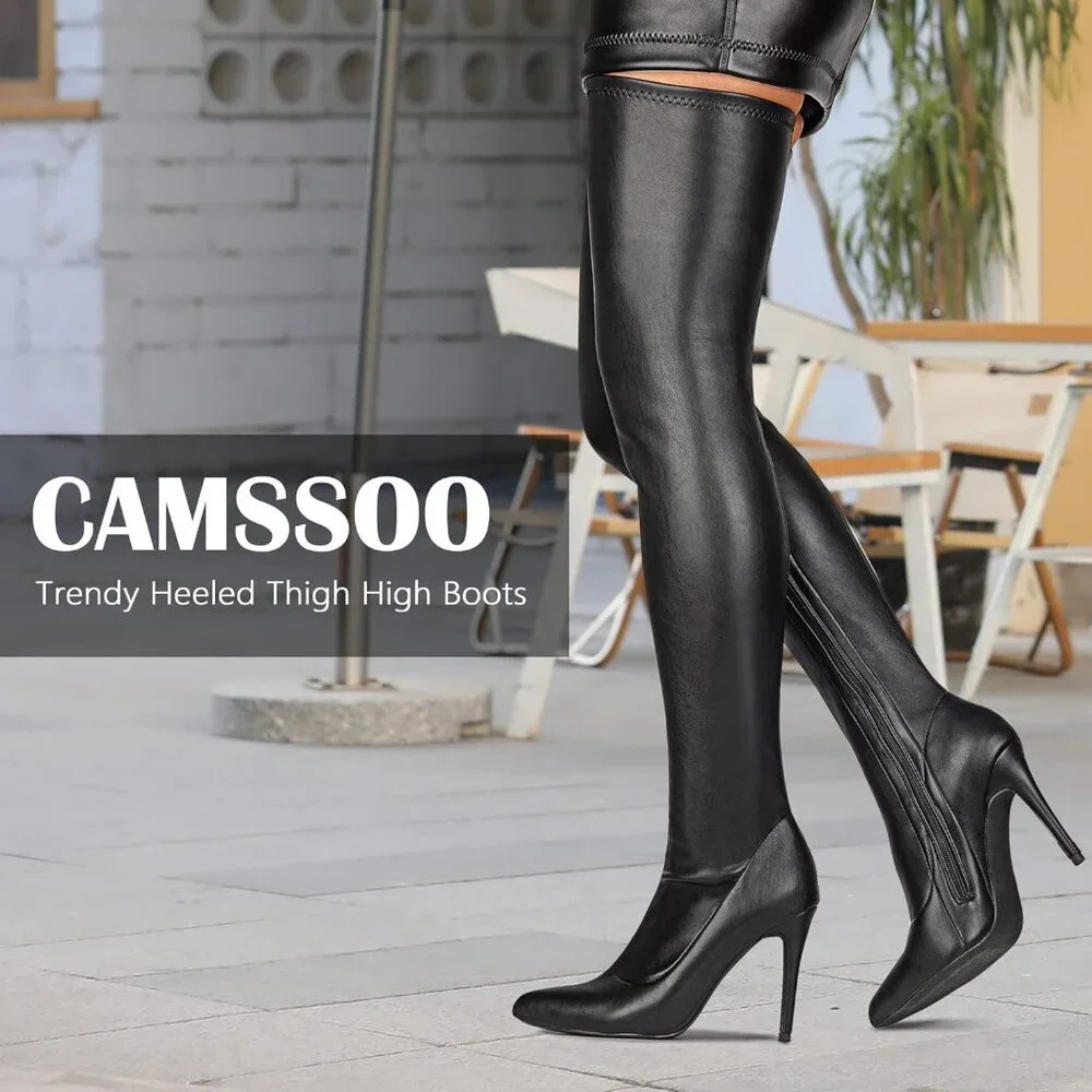 Women's Black Matte Pu Suede Pointed Toe Thigh High Side Zipper Heel Boot